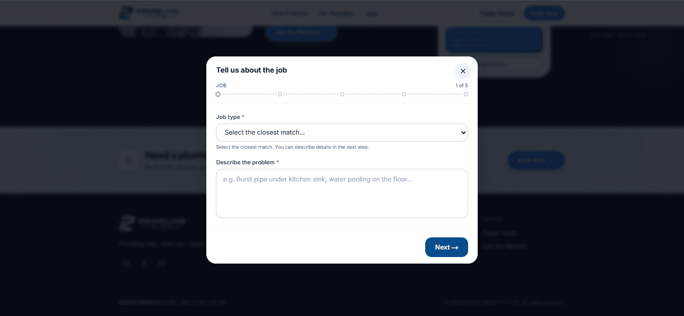 Five-step job intake modal capturing job type and problem description