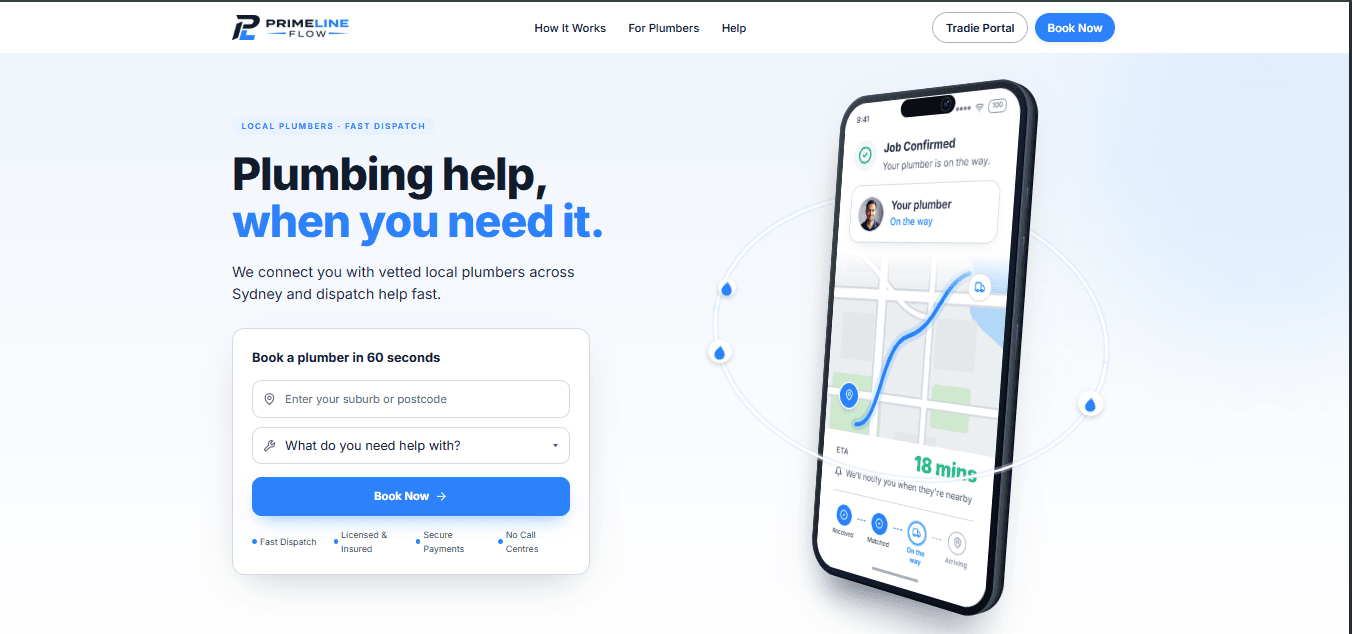 Primeline Flow customer booking page with live job tracking on a phone screen