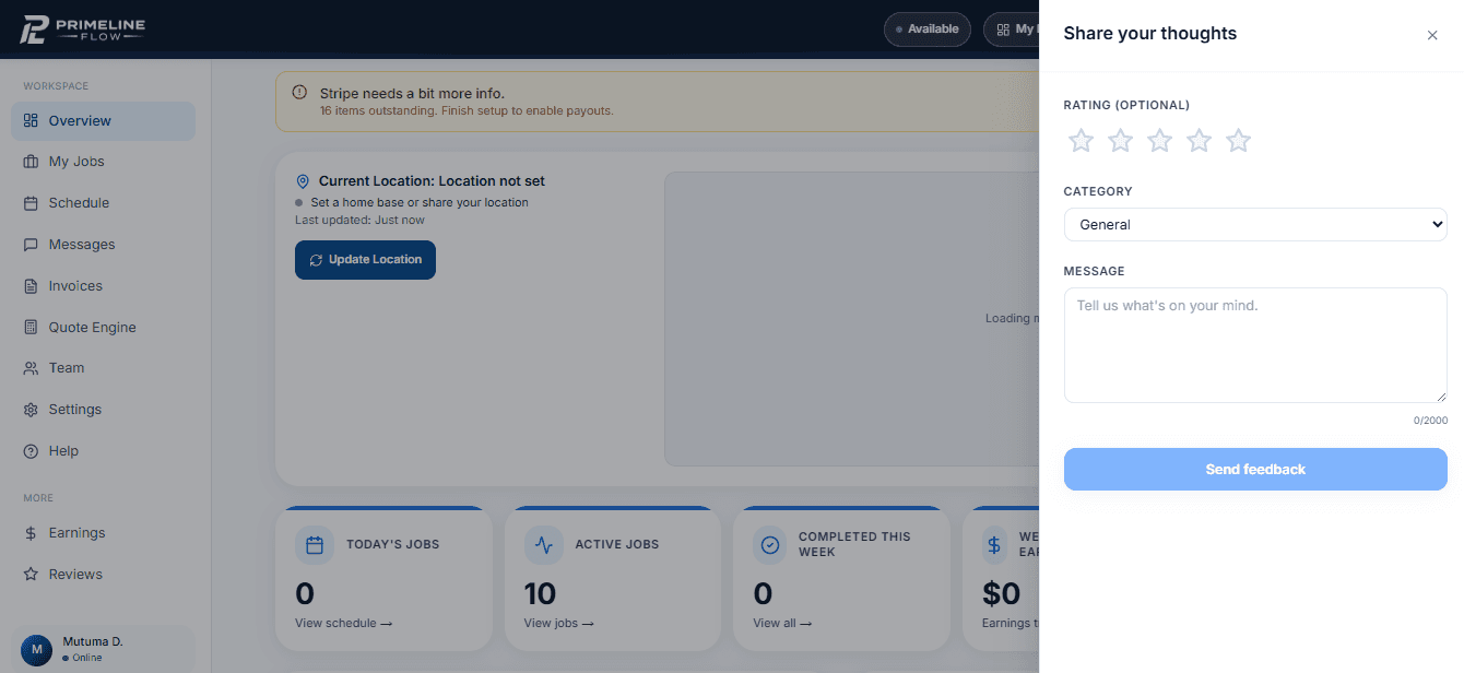 In-app feedback panel with a star rating, category, and message field