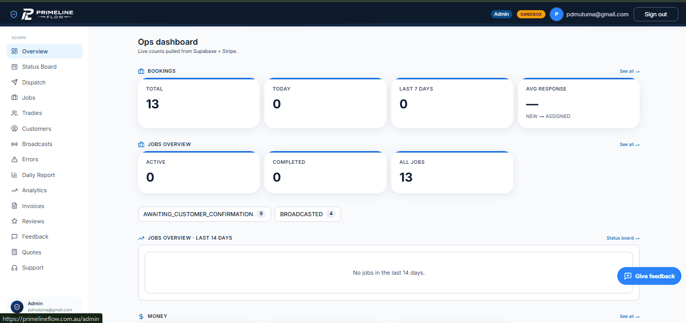 Owner’s ops dashboard showing booking totals and job status counts