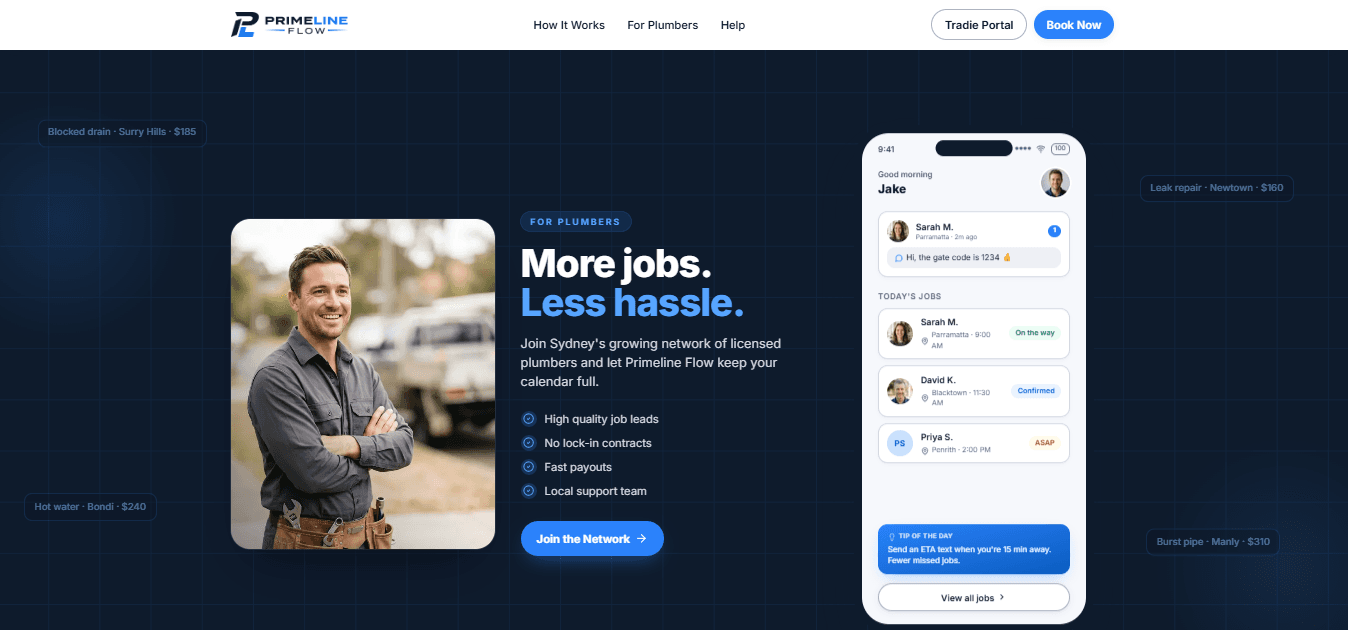 Recruiting page for plumbers, alongside a tradesperson’s own job list and messages