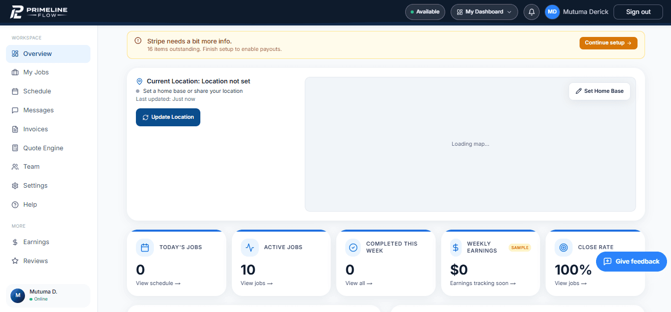 A tradesperson’s own dashboard with today’s jobs, a map, and earnings